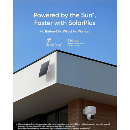 Eufy EufyCam Solo E30 IP kamera 2K opløsning monteret udendørs på tag med solpanel til opladning.