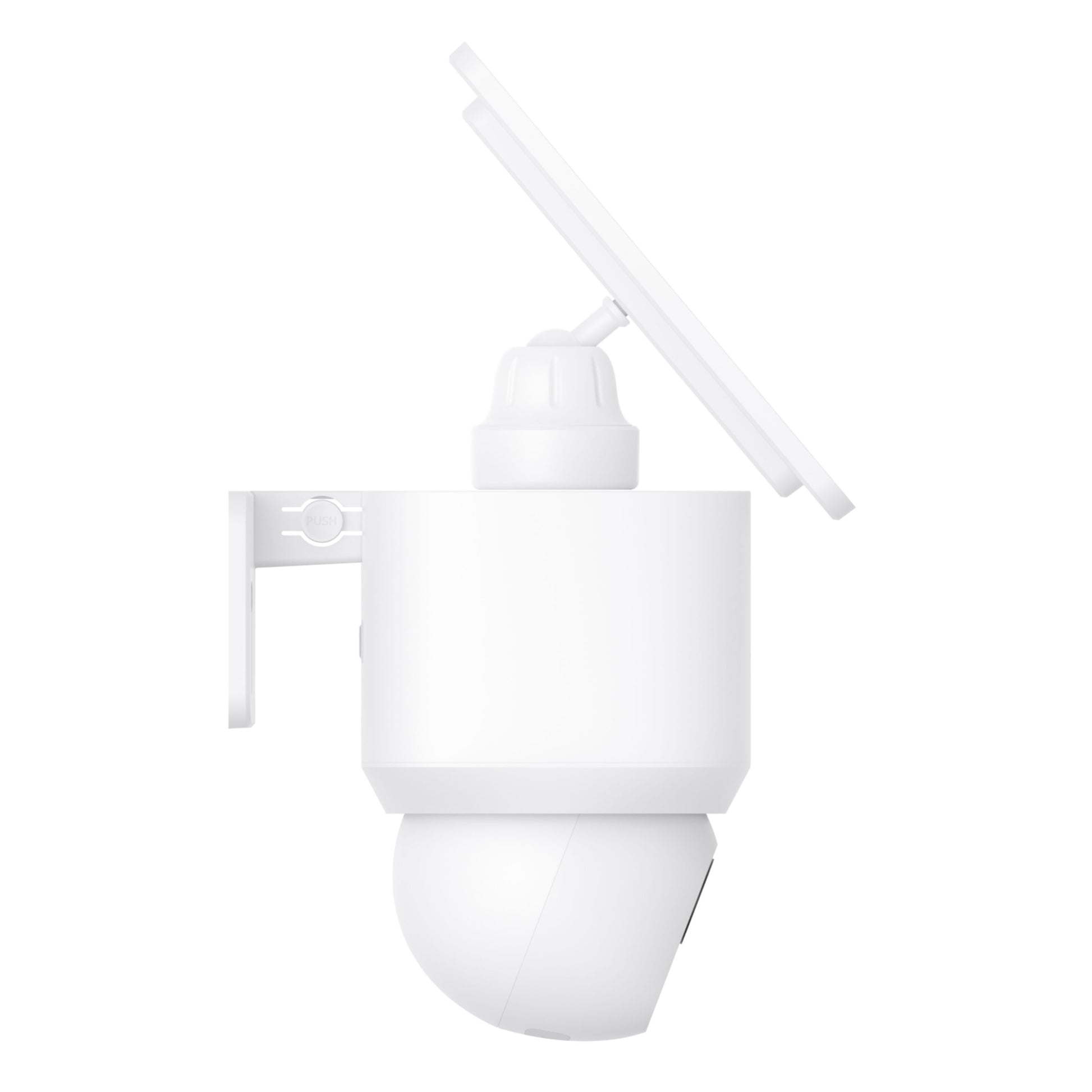 Eufy EufyCam Solo E30 hvid IP kamera med dome-base, rektangulært solpanel, vægbeslag, 2K opløsning, sidevisning.