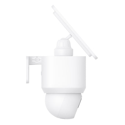 Eufy EufyCam Solo E30 hvid IP kamera med dome-base, rektangulært solpanel, vægbeslag, 2K opløsning, sidevisning.