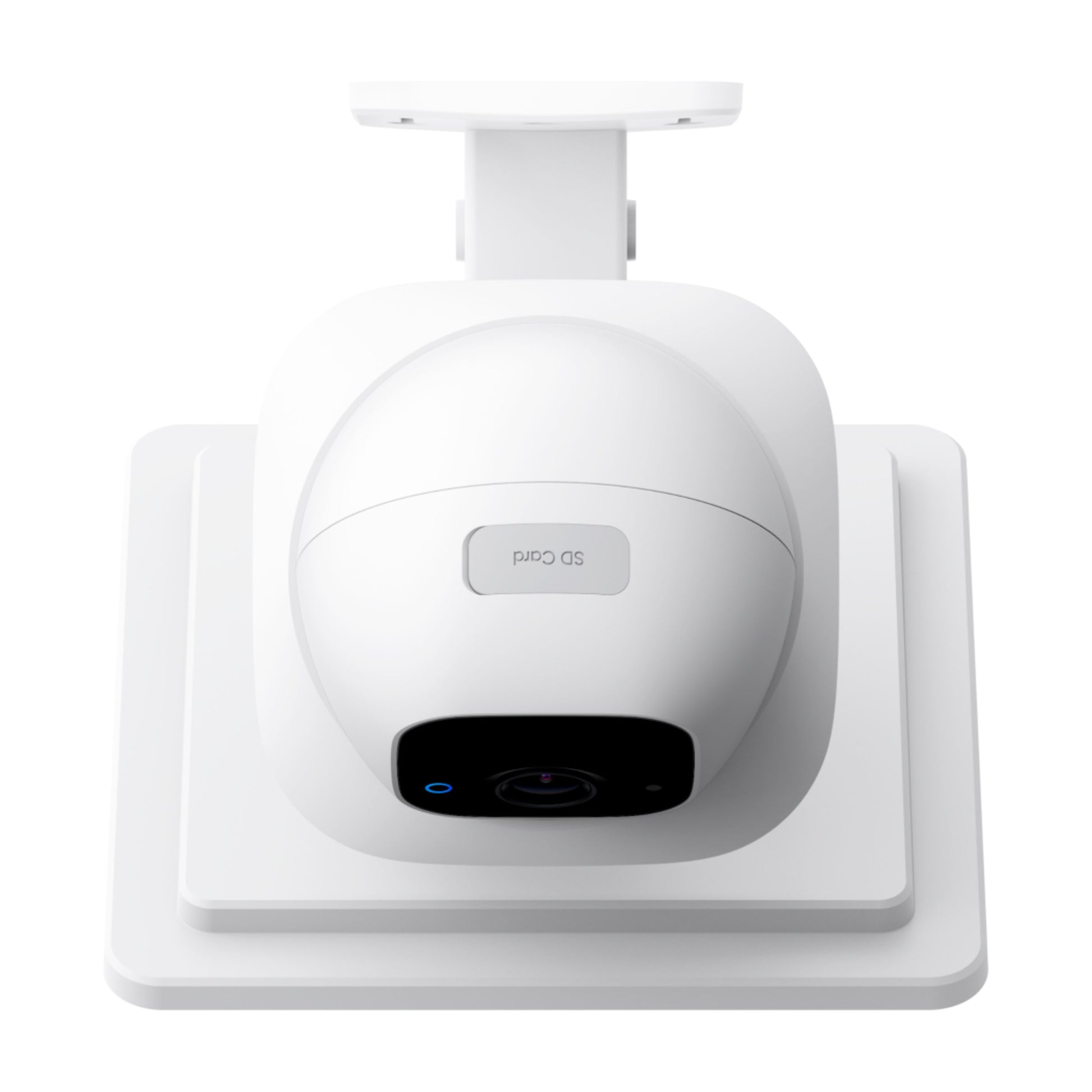 Eufy EufyCam Solo E30 IP kamera 2K opløsning, monteret på firkantet base, SD-kort slot synlig på toppen.