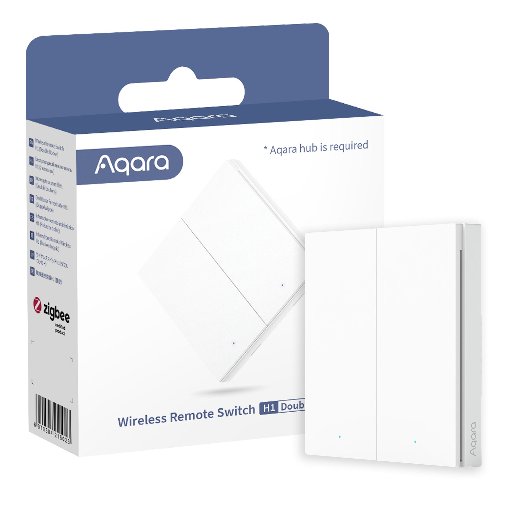 Aqara Smart Fjernbetjent Skifte H1 Dobbelt, hvid, vises med æske, Zigbee 3.0 og Apple HomeKit logoer.