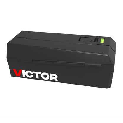 Victor Elektrisk musefælde V2 2025 sort rektangulær, grøn topindikator, Victor-logo i hvid/rød på siden.