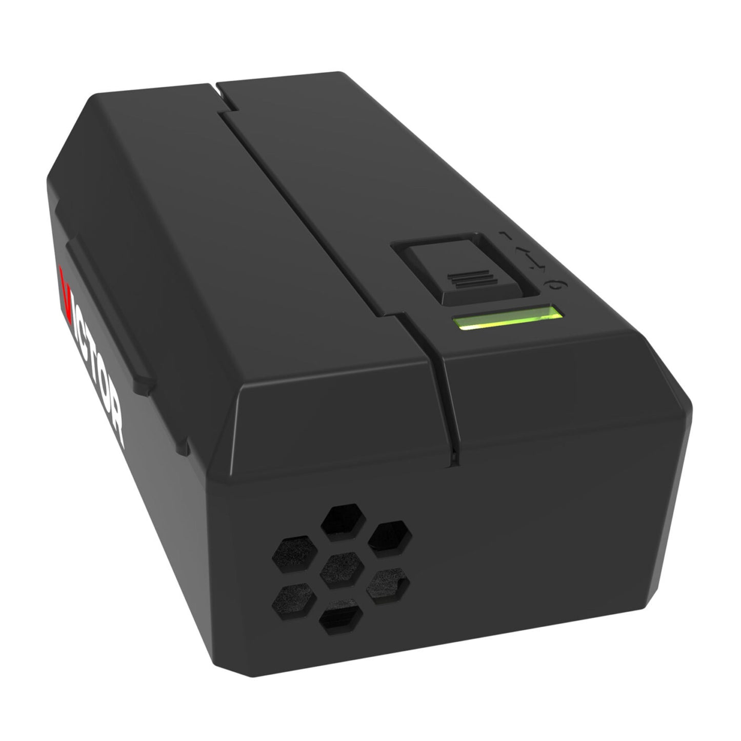 Victor Elektrisk musefælde V2 2025 sort rektangulær med sekskantede ventilationshuller, USB-port, grøn indikator, ASTOR-logo.