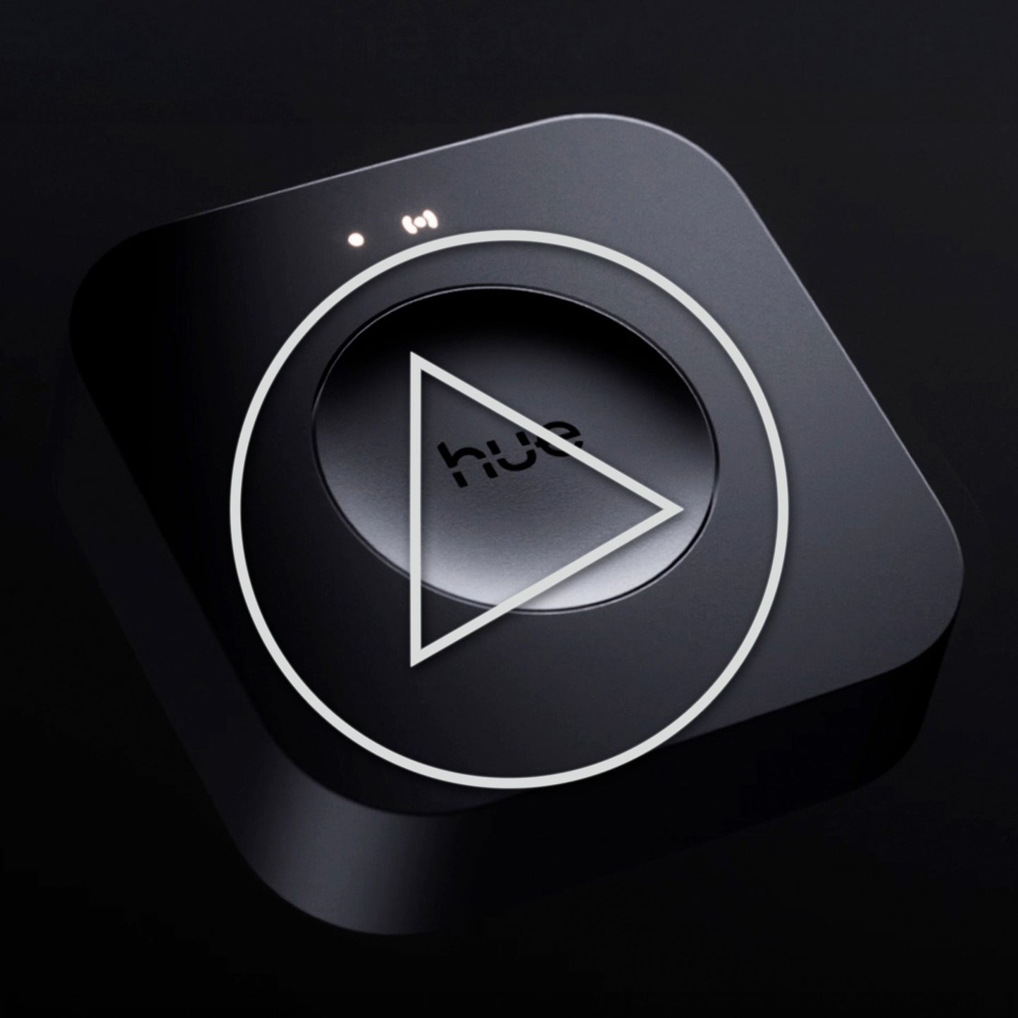 Philips Hue Bridge Pro Broen, sort og firkantet, til øverste indikatorlys, Matter-support, synlig play-knap-overlay.