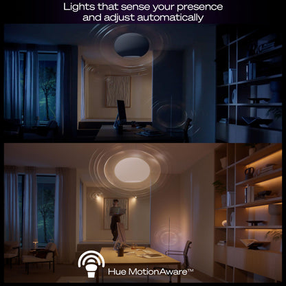 Philips Hue Bridge Pro Broen, Hue MotionAware logo, tekst: Lys, der fornemmer din tilstedeværelse, hjemme/office lysløsning.