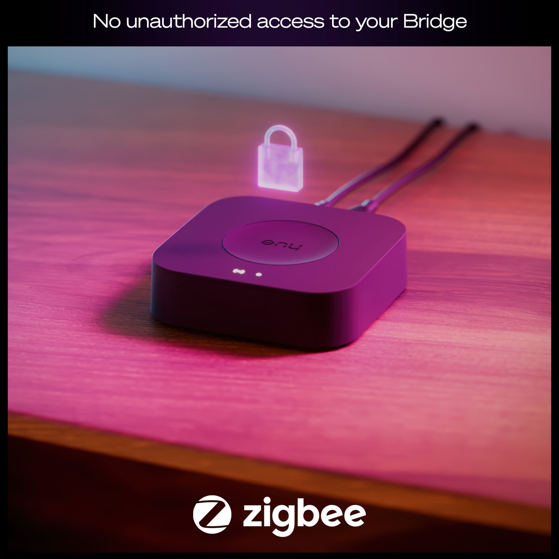 Philips Hue Bridge Pro med to kabler, Zigbee og Matter logoer samt "Ingen uautoriseret adgang" låseikon.