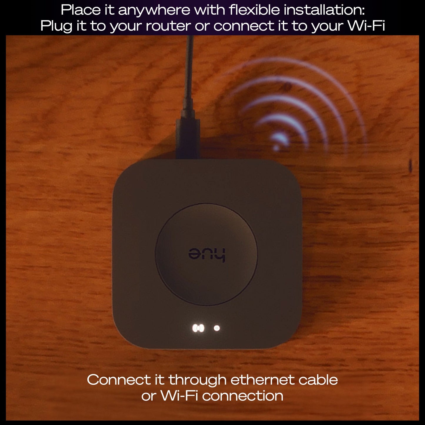 Philips Hue Bridge Pro, ethernet-kabel, Wi-Fi ikon på enheden, installationsvejledning via router eller Wi-Fi synlig.