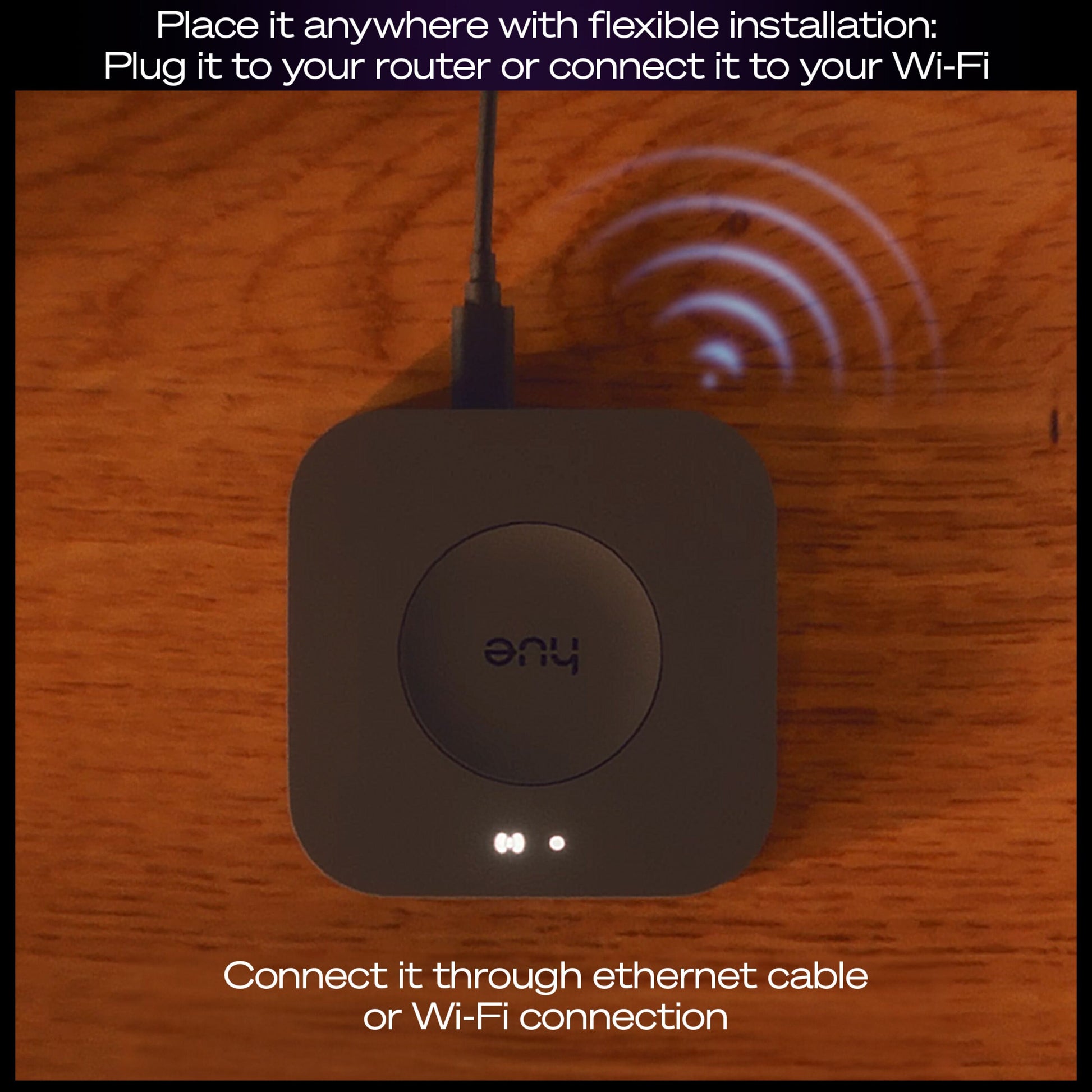 Philips Hue Bridge Pro, ethernet-kabel, Wi-Fi ikon på enheden, installationsvejledning via router eller Wi-Fi synlig.