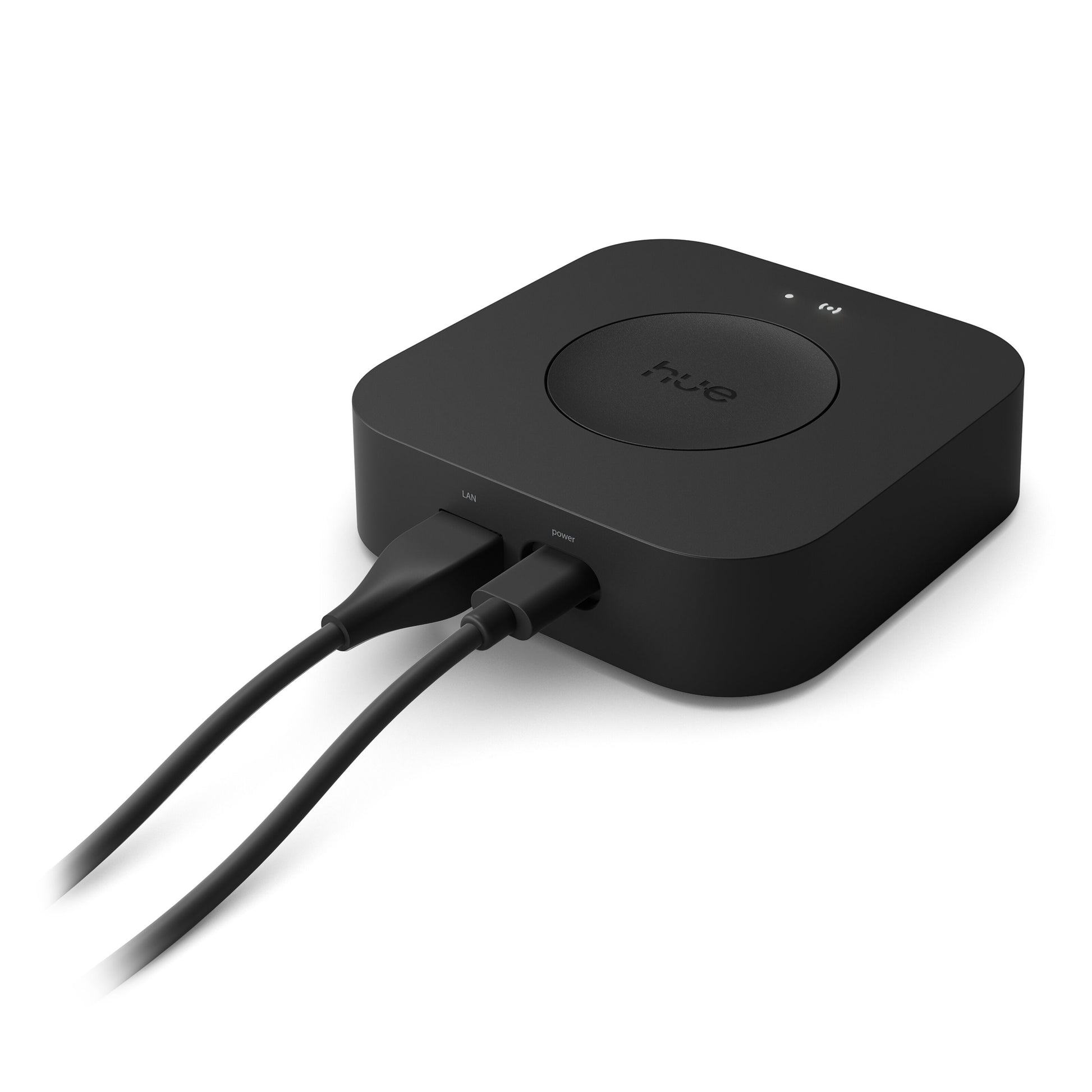 Philips Hue Bridge Pro Broen smart home hub i sort, firkantet med "hue" på toppen, LAN og Power stik, frontindikator, Matter support.