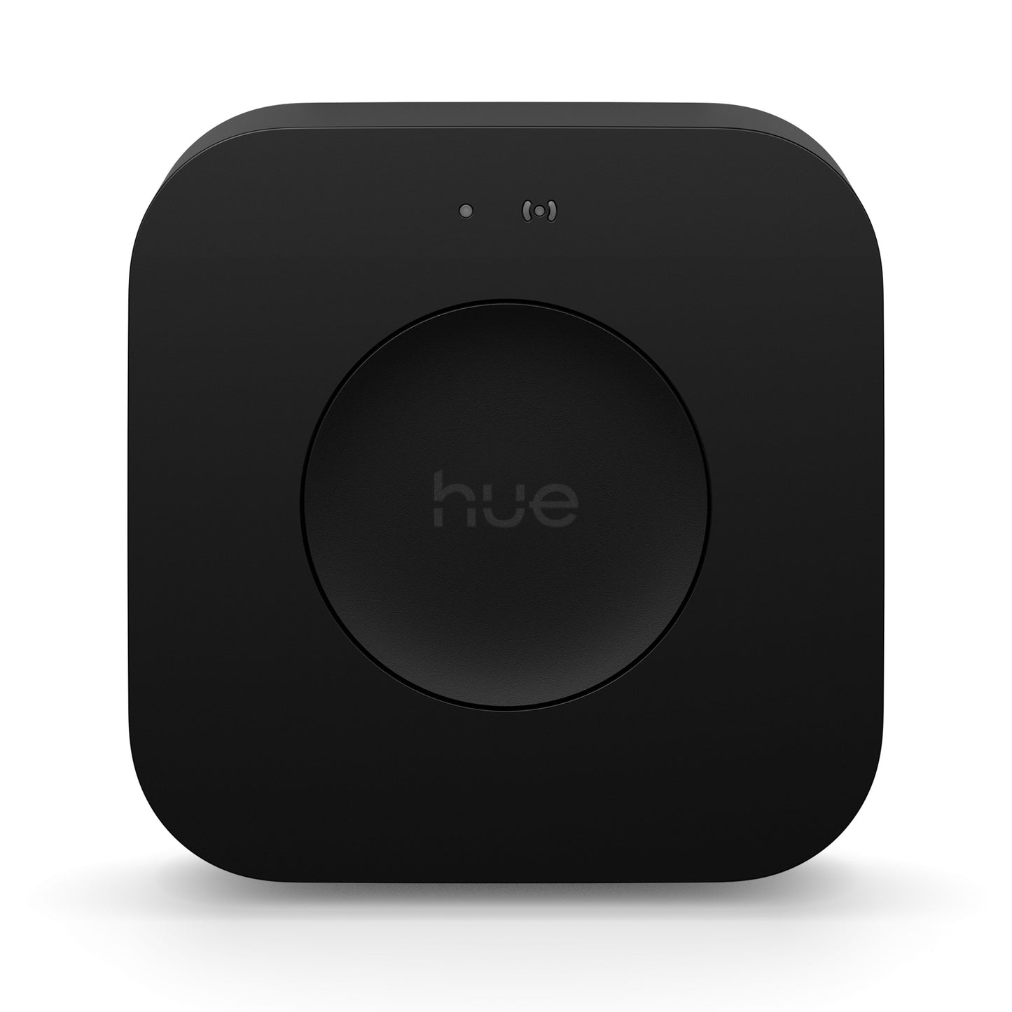 Philips Hue Bridge Pro Broen sorterer kvadratisk enhed med afrundede hjørner, "hue" i cirkulær midte, til indikatorlys øverst.