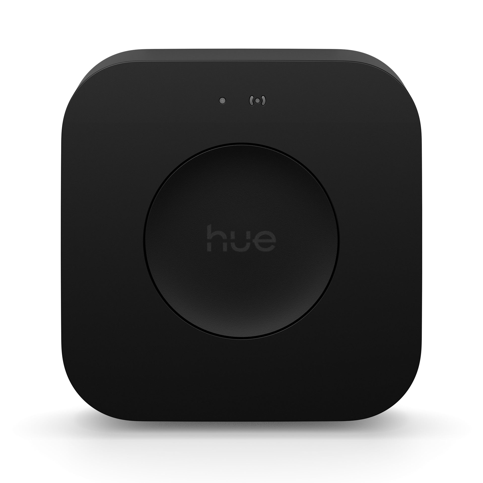 Philips Hue Bridge Pro Broen sorterer kvadratisk enhed med afrundede hjørner, "hue" i cirkulær midte, til indikatorlys øverst.