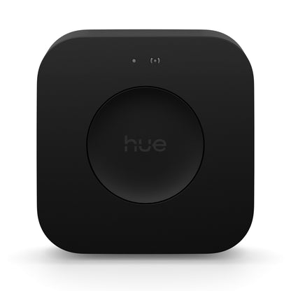 Philips Hue Bridge Pro Broen sorterer kvadratisk enhed med afrundede hjørner, "hue" i cirkulær midte, til indikatorlys øverst.