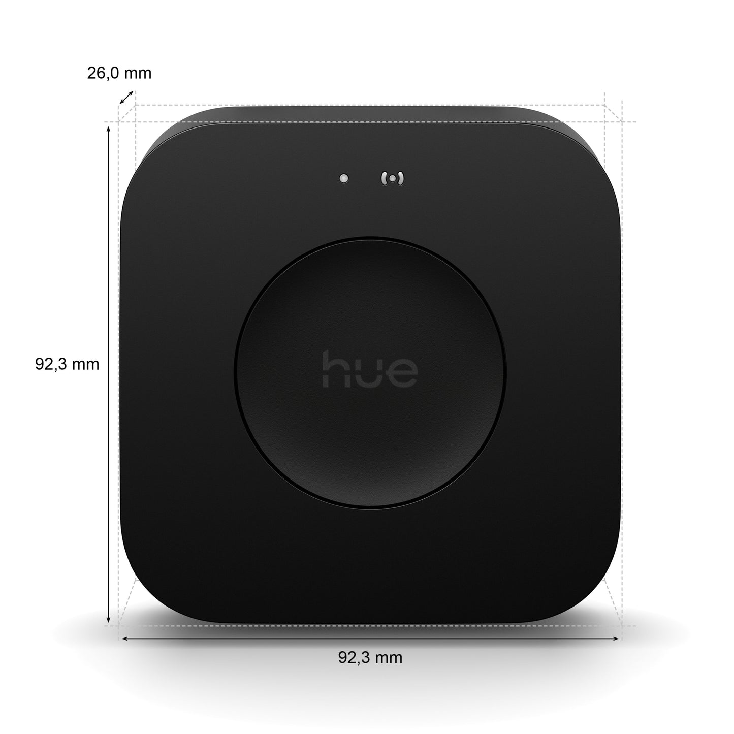 Philips Hue Bridge Pro Broen sort, kvadratisk med afrundede hjørner, frontknap, indikatorlys, 92,3x92,3x26 mm.