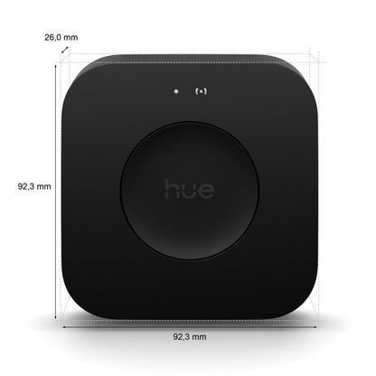 Philips Hue Bridge Pro Broen sort, kvadratisk med afrundede hjørner, frontknap, indikatorlys, 92,3x92,3x26 mm.