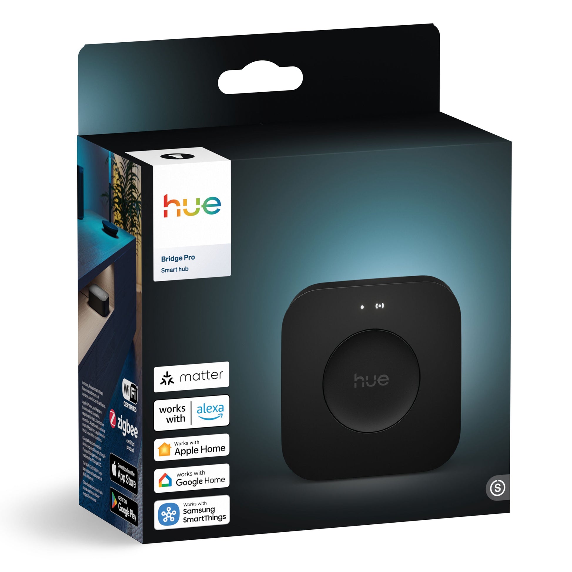 Philips Hue Bridge Pro Broen æske, mørk, Matter, Alexa, Apple Home, Google Home og SmartThings kompatibilitet.