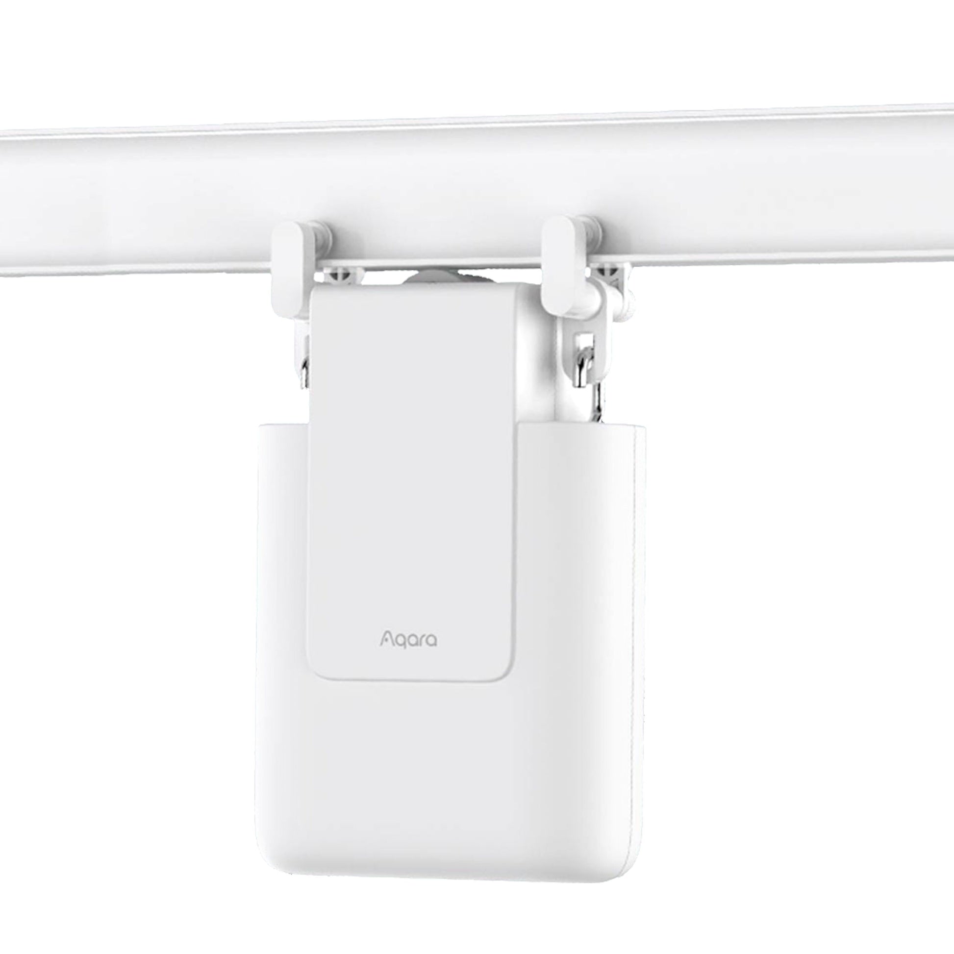 Aqara Gardinkontrol Zigbee 3.0 til U- og I-skinne, hvid, monteret på gardinstang.