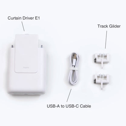 Aqara gardinkontrol til U- og I-skinne, USB-A til USB-C kabel, til hvide skinneløbere, alle med labels.
