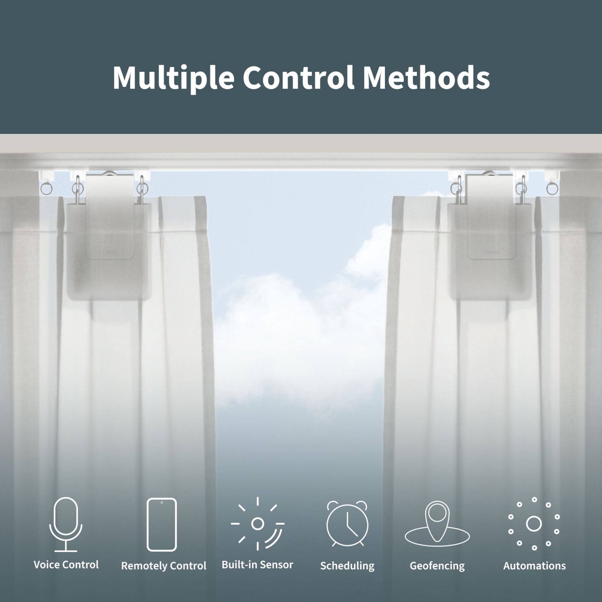 Aqara Curtain Driver E1 gardinstangskontrol til gardinstang med Zigbee 3.0, vises monteret med lyse gardiner.