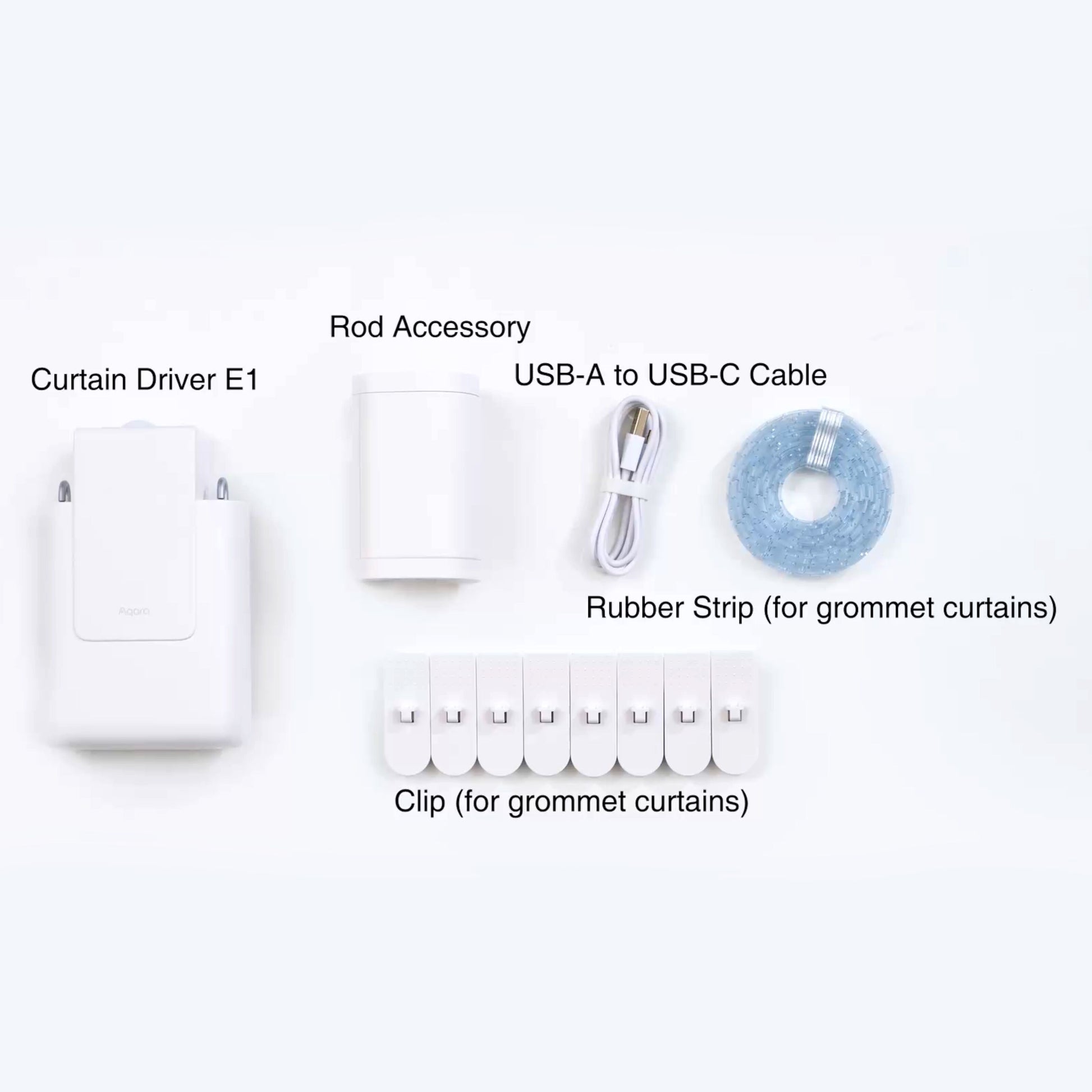 Aqara Curtain Driver E1 gardinstangskontrolsæt med Curtain Driver, stangtilbehør, USB-A til USB-C kabel, gummiliste og 5 clips.