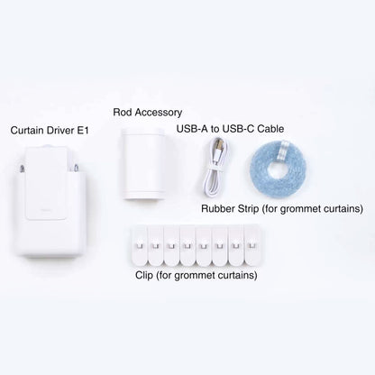Aqara Curtain Driver E1 gardinstangskontrolsæt med Curtain Driver, stangtilbehør, USB-A til USB-C kabel, gummiliste og 5 clips.