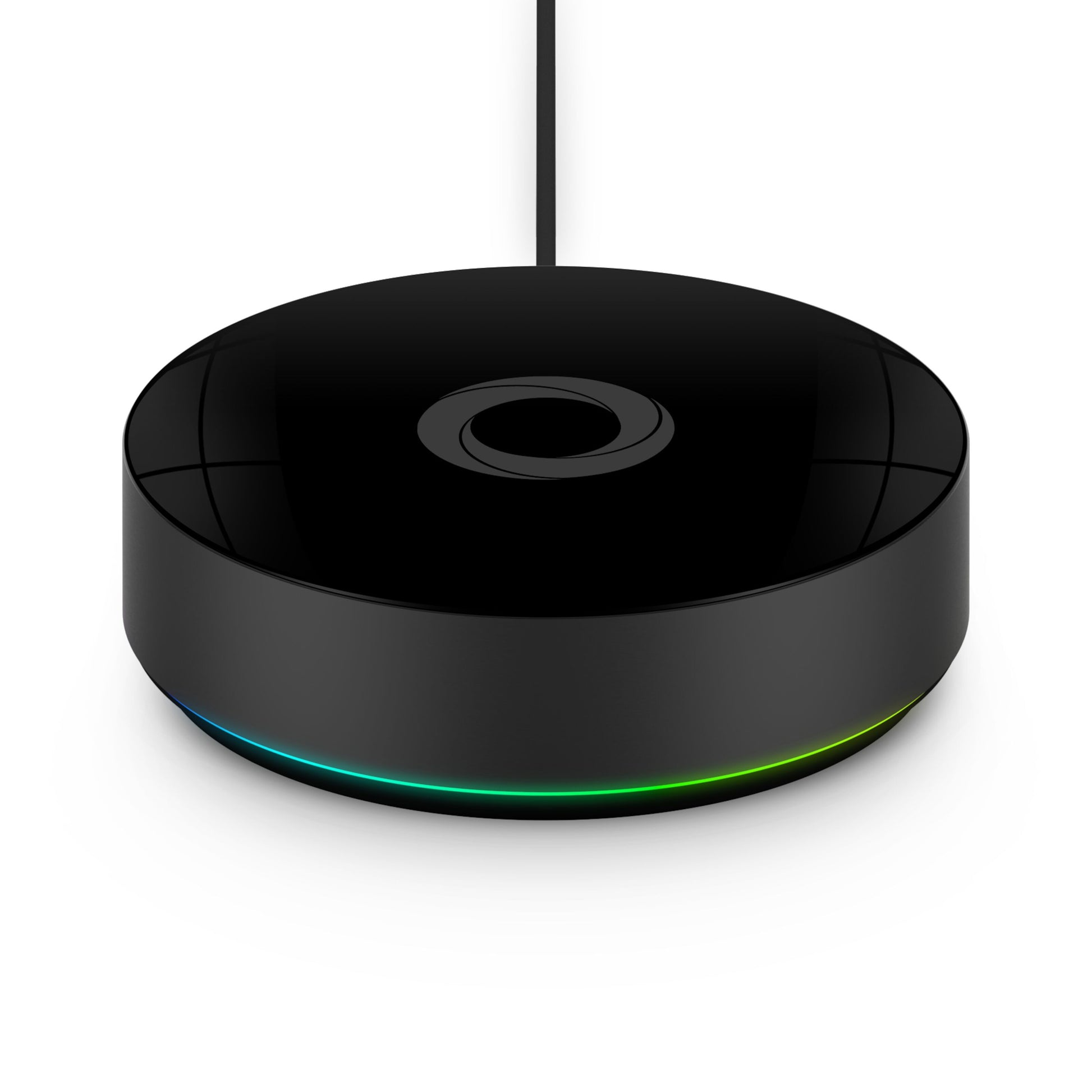 Homey Pro 2023 sort rund smart home controller med blank finish, central knap, bagudvendt kabel, LED-ring, Zigbee/Z-Wave/Matter.