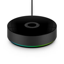 Homey Pro 2023 sort rund smart home controller med blank finish, central knap, bagudvendt kabel, LED-ring, Zigbee/Z-Wave/Matter.