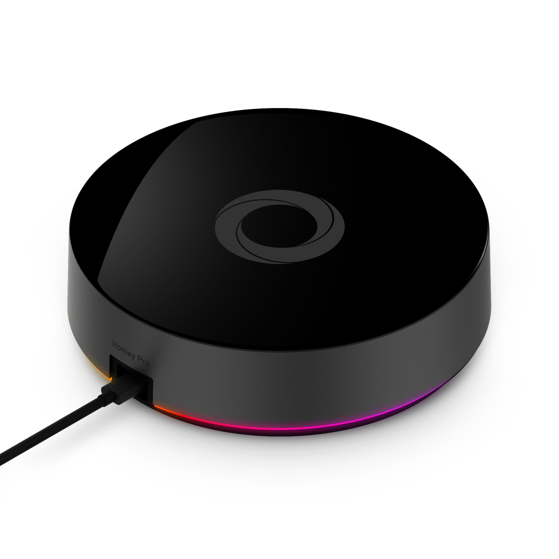 Homey Pro 2023 smart home controller, sort og rund med blank top, cirkulært logo og flerfarvet LED-ring ved basen, Zigbee/Z-Wave/Matter.