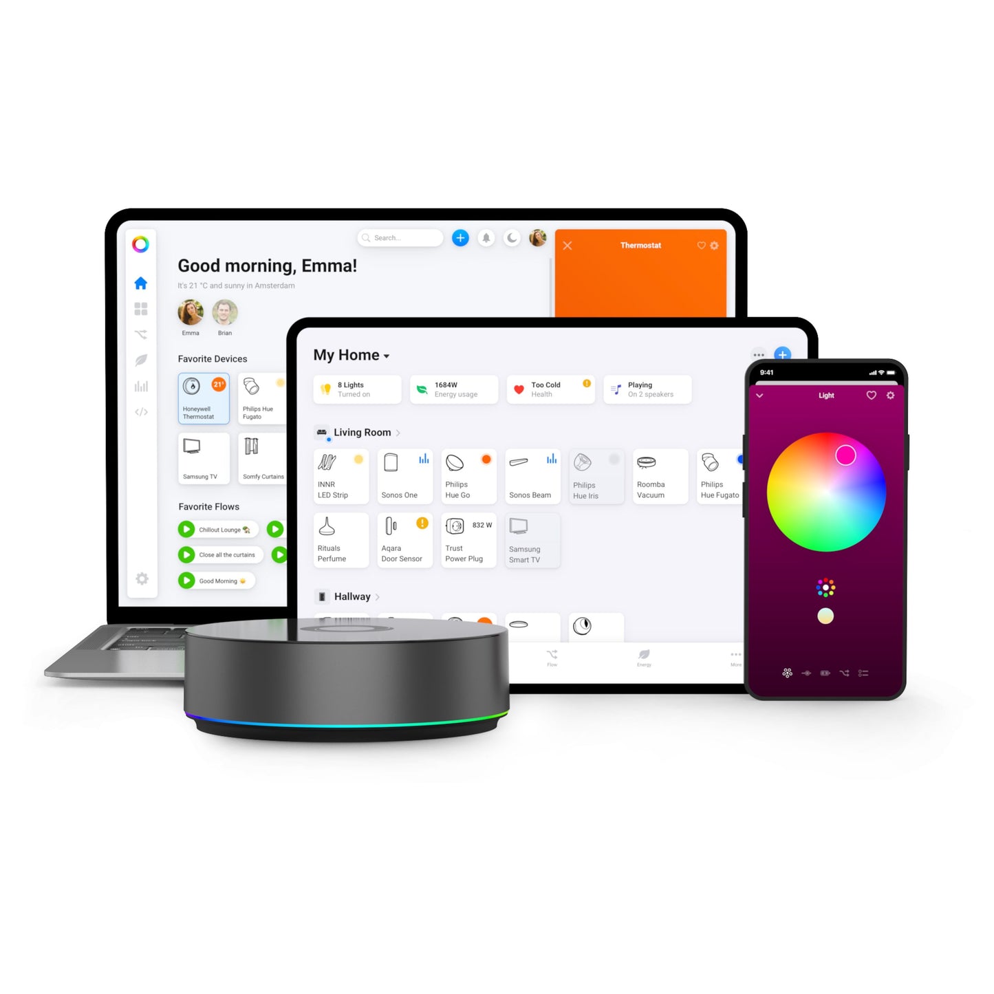 Homey Pro 2023 hub med smart home-styring via Zigbee, Z-Wave, Matter på laptops, tablets og smartphones.