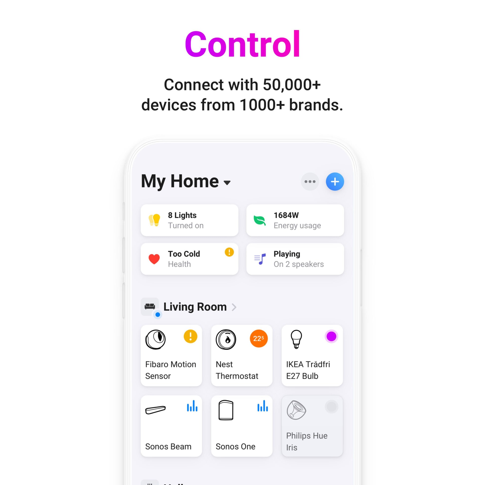 Homey Pro 2023 smart home controller styrer lys, termostat og højttalere i My Home-appen, pink titel "Control" vises.