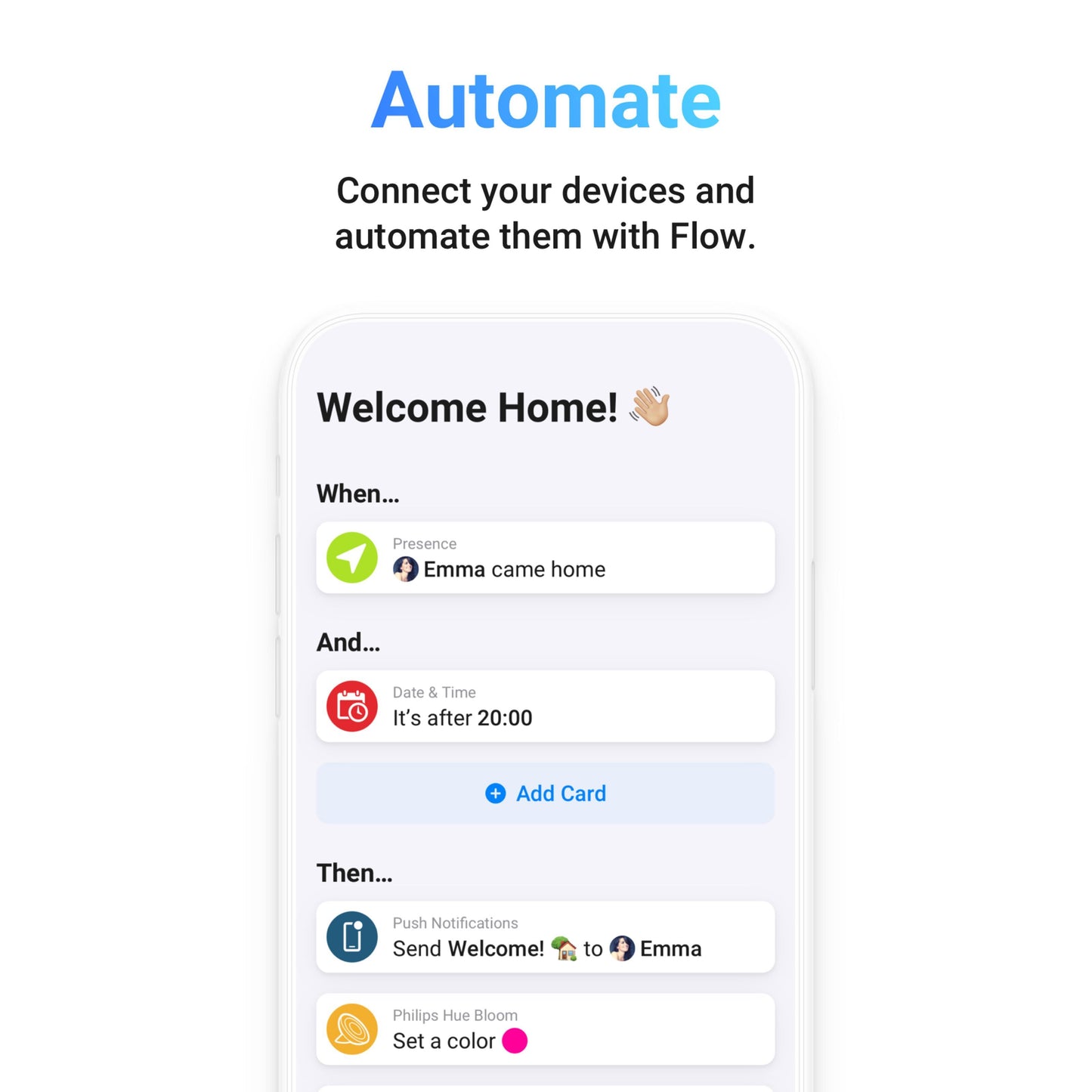 Skærmbillede af smart home-app med Philips Hue Bloom, Homey Pro 2023, Zigbee/Z-Wave/Matter-understøttelse, automatisering vises.