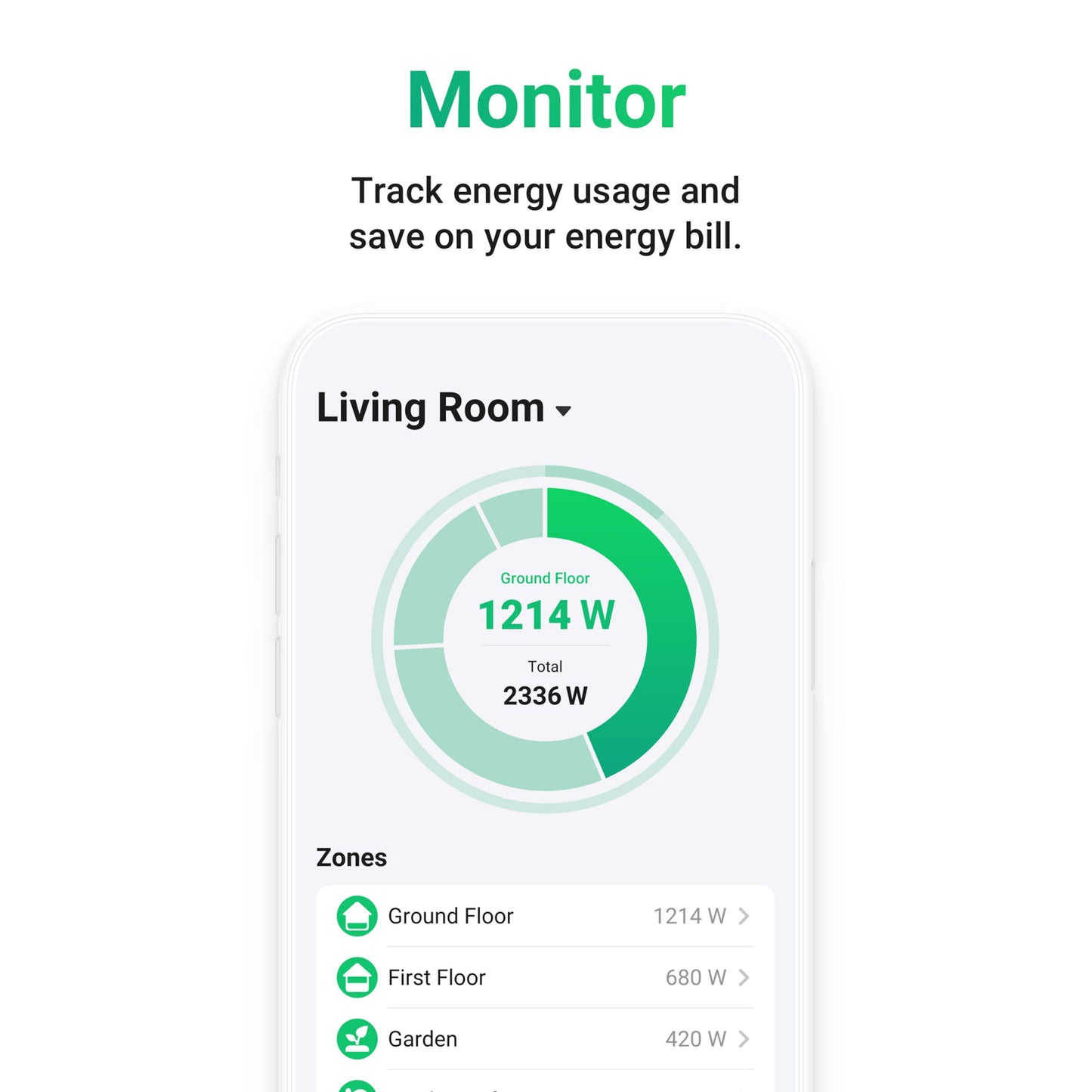 Athom Homey Pro 2023 app på smartphone viser stueforbrug 1214 W og samlet 2336 W kompatibel med Zigbee Z-Wave Matter.
