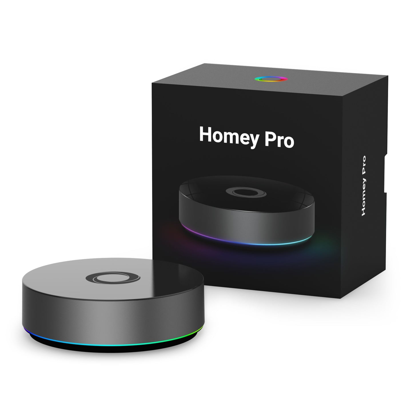 Homey Pro 2023 sort rund smart home controller med LED-ring, æske med farvet cirkel logo, Zigbee, Z-Wave, Matter.