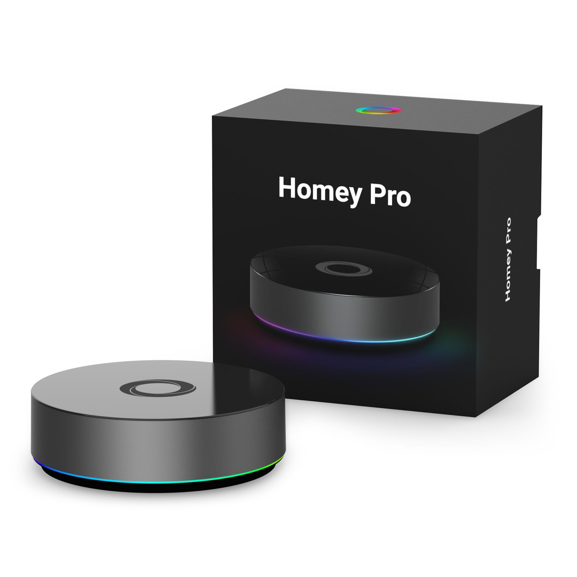 Homey Pro 2023 sort rund smart home controller med LED-ring, æske med farvet cirkel logo, Zigbee, Z-Wave, Matter.