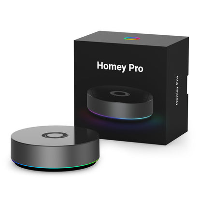 Homey Pro 2023 sort rund smart home controller med LED-ring, æske med farvet cirkel logo, Zigbee, Z-Wave, Matter.