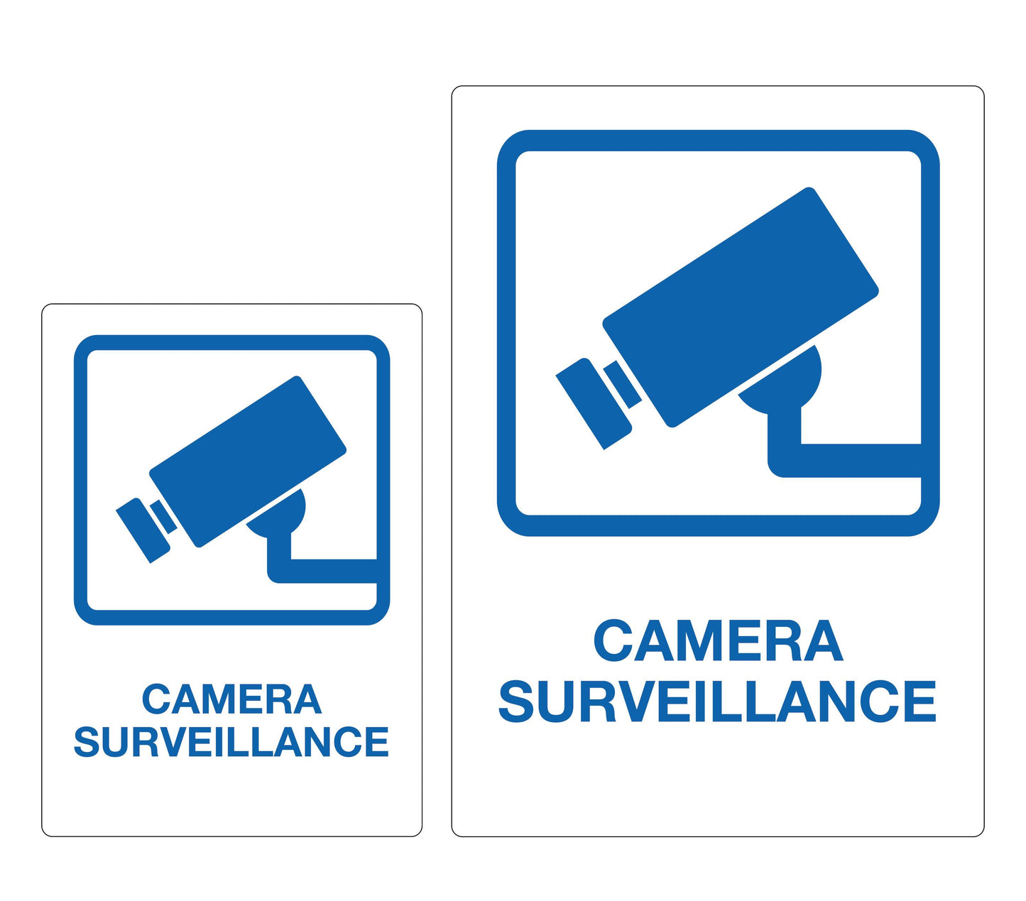 Overvågningsskilt engelsk 2-pak, blå kameraikon, "CAMERA SURVEILLANCE" tekst, to størrelser.