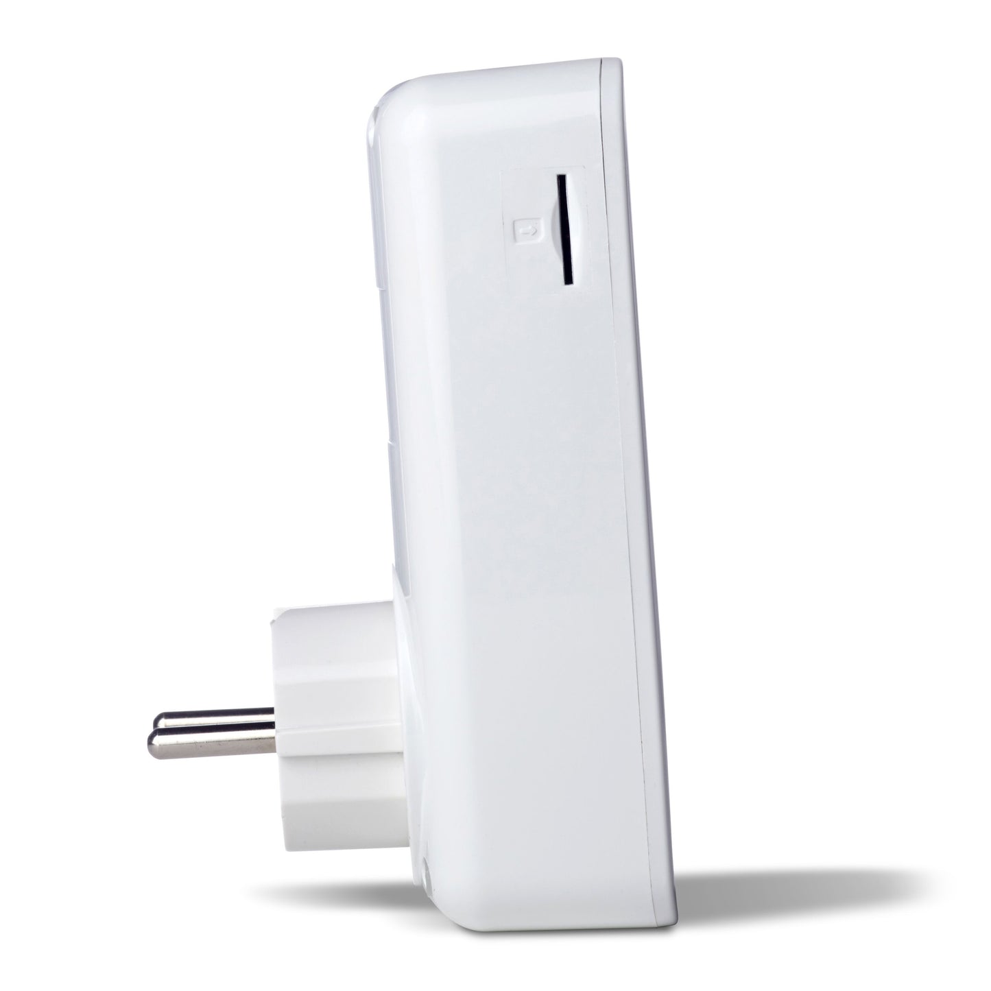 Yoyomotion YOYOPower 4G EM4 fjernbetjent strømafbryder, hvid, side, tobenet stik og topåbning.