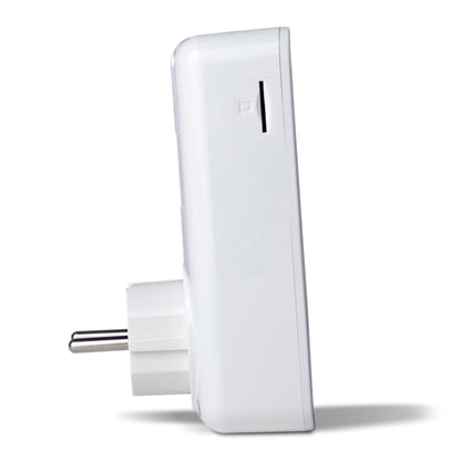 Yoyomotion YOYOPower 4G EM4 fjernbetjent strømafbryder, hvid, side, tobenet stik og topåbning.