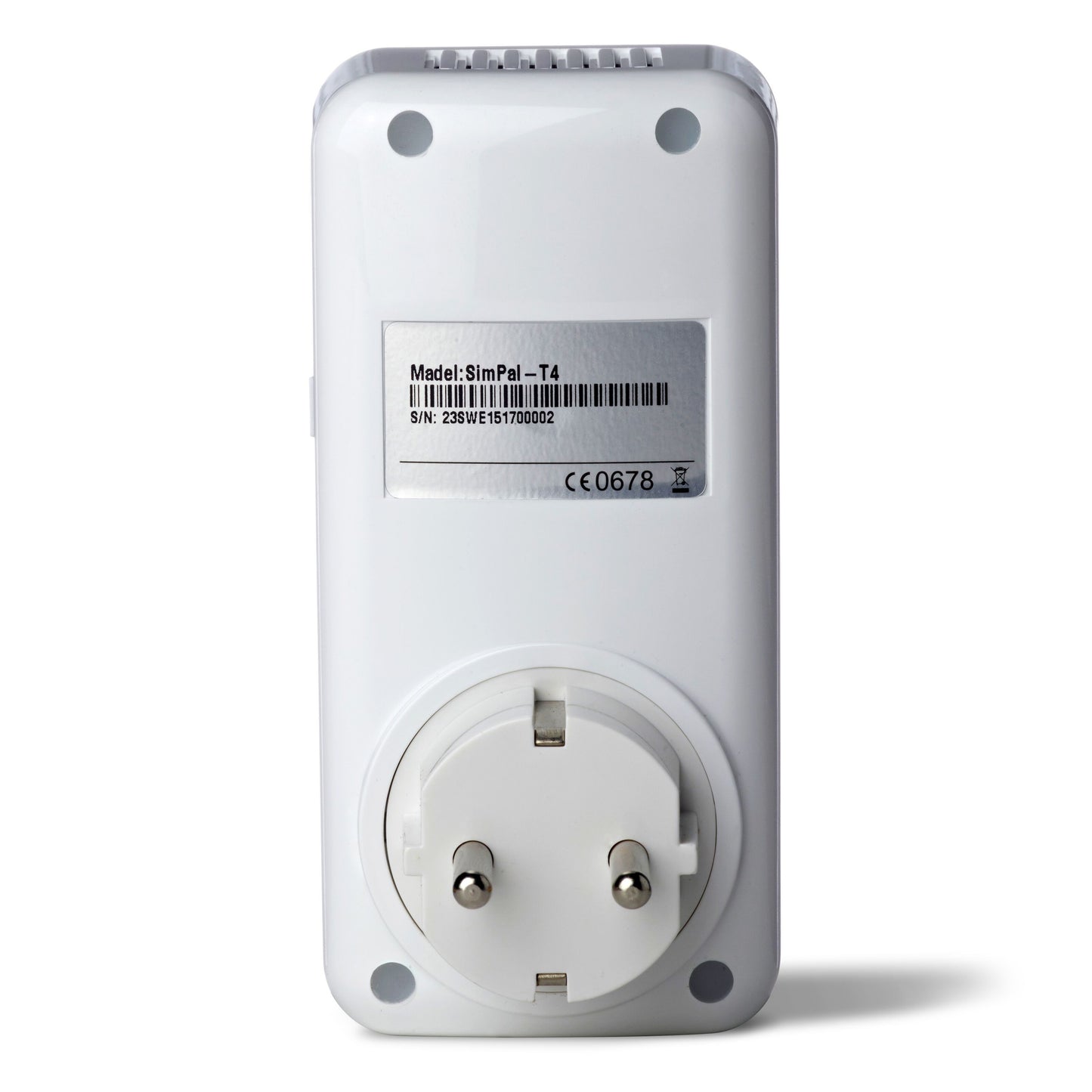 YOYOPower 4G fjernbetjent strømafbryder EM4 hvid med EU-stik, model- og serienummer, certifikatmærke, stregkode, 4G.