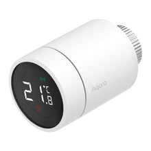 Aqara E1 smart radiatortermostat hvid, digitalt display viser 21°C og timerikon.
