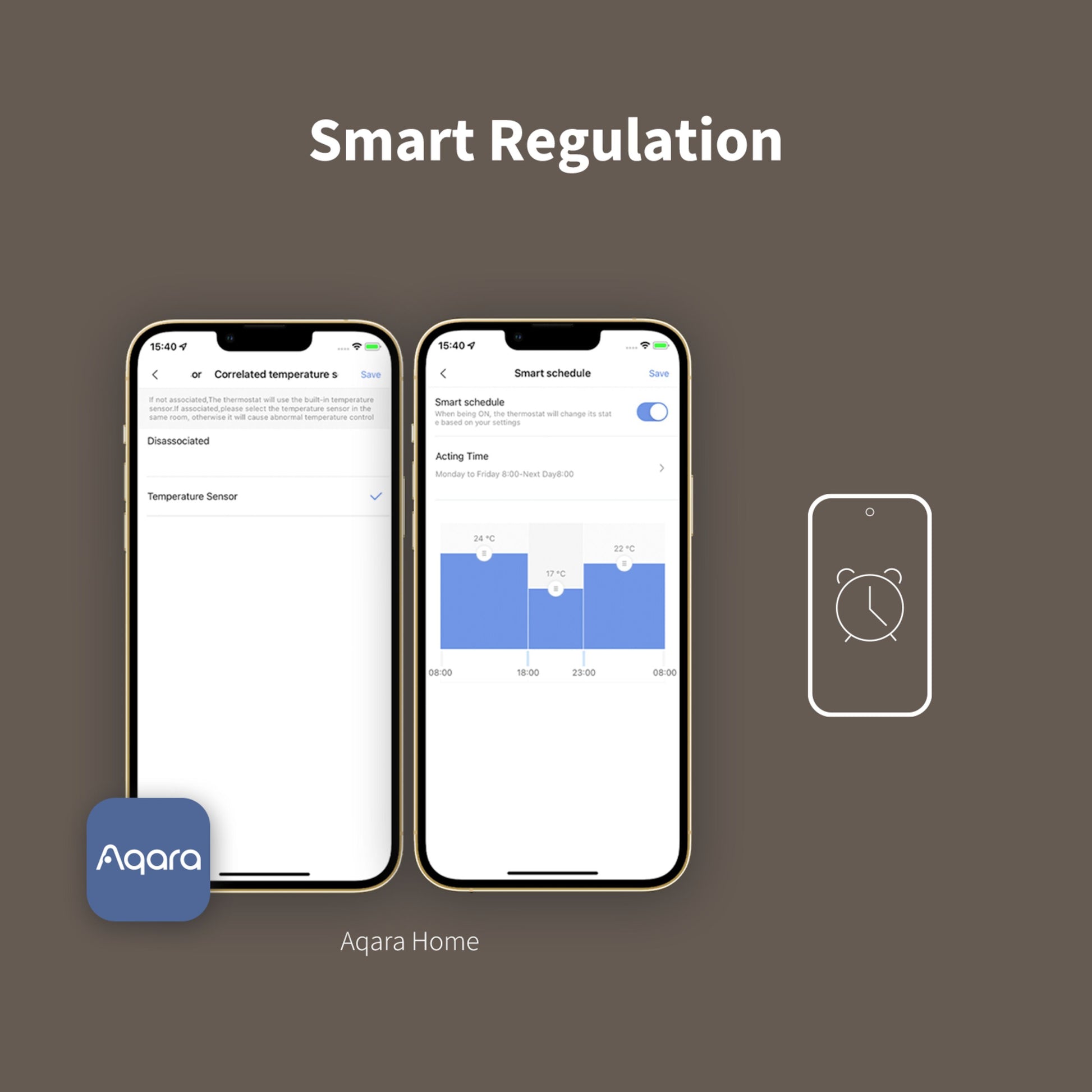 Aqara E1 Smart Termostat til radiatorer vist i Aqara Home app med temperatursensor og tidsplan, Aqara logo.