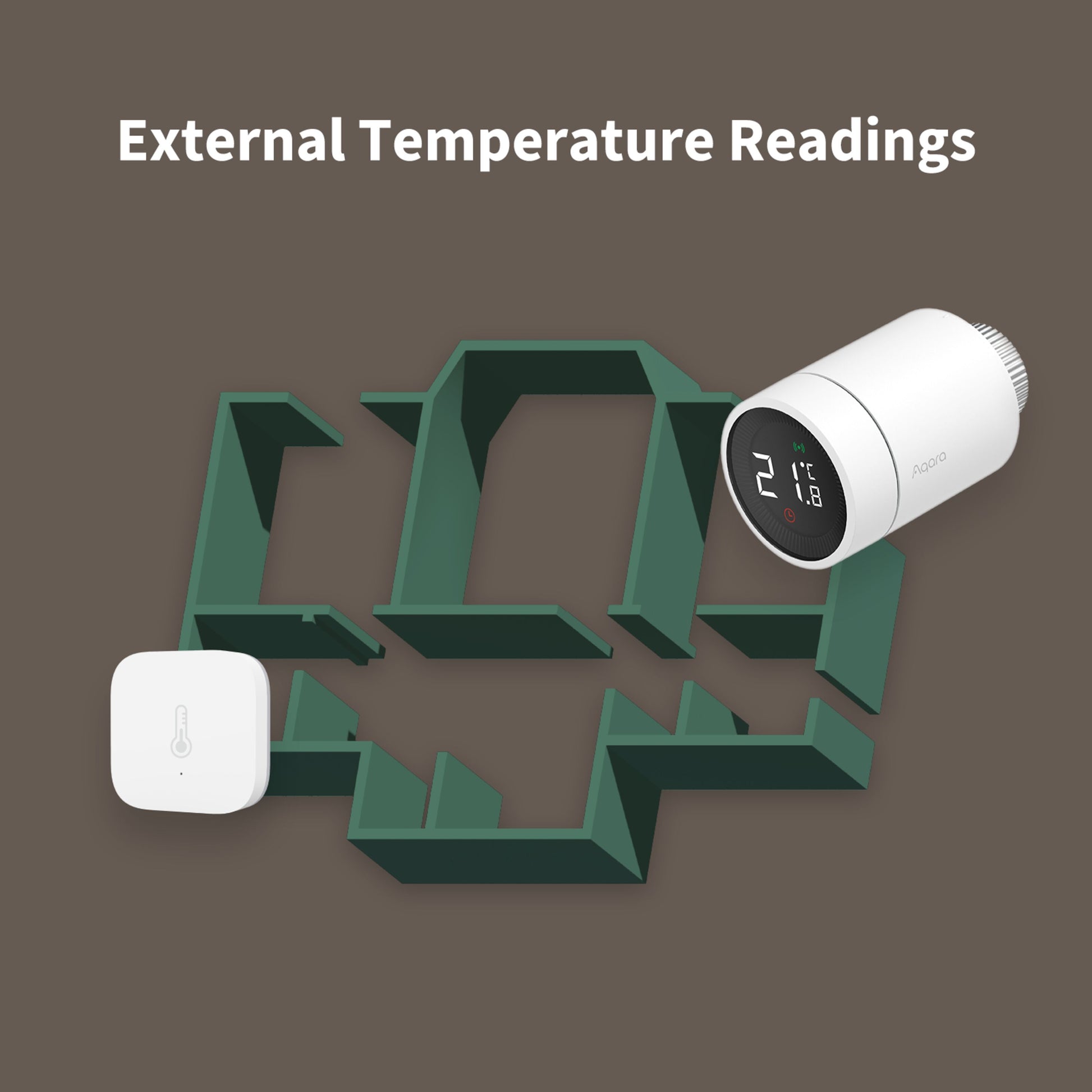 Aqara E1 Smart Termostat til radiatorer og temperatursensor, vises over grøn abstrakt tegning, tekst: Eksterne temperaturmålinger.