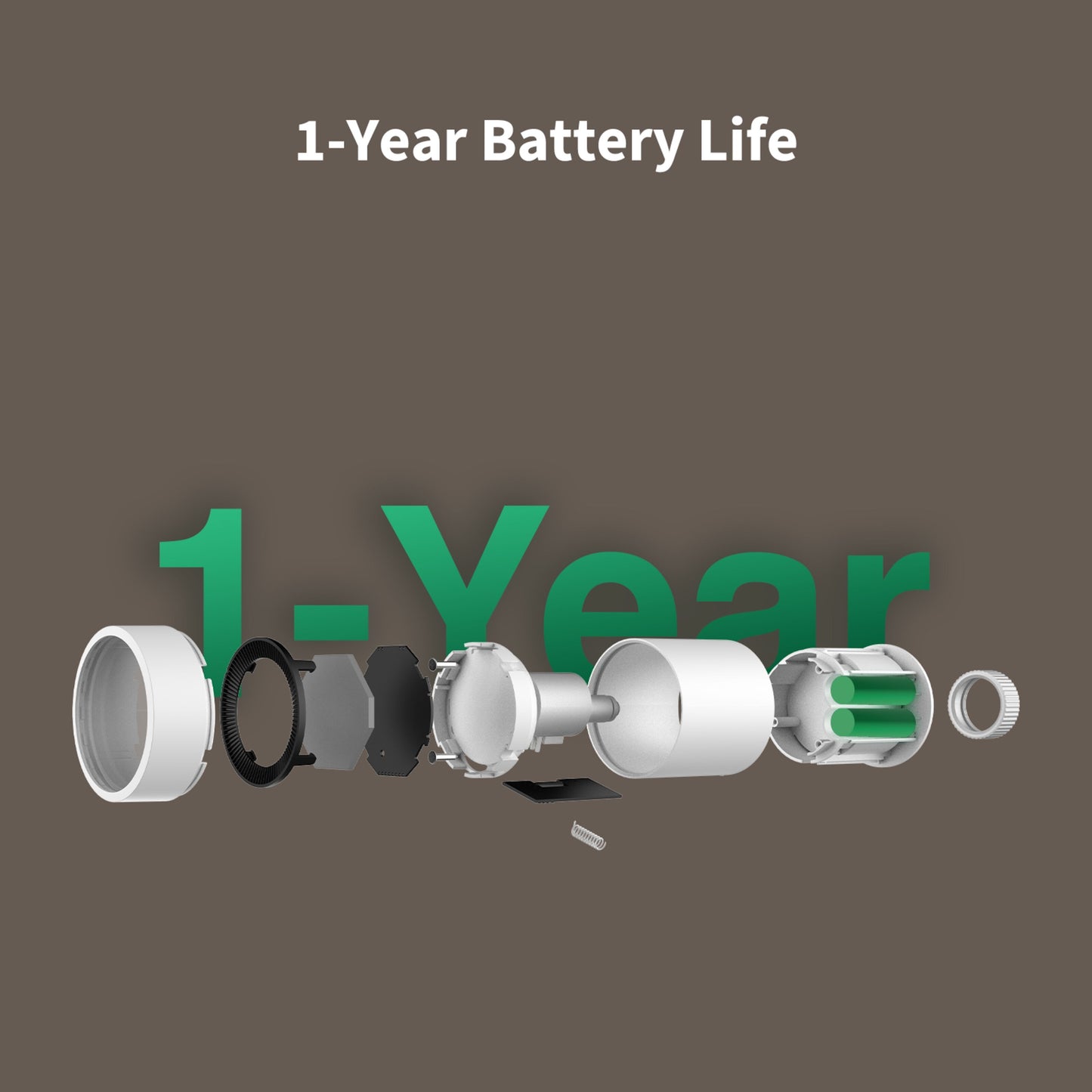 Aqara E1 Smart Termostat til radiator, eksploderet visning af batterier, kabinet, hardware, tekst: 1 års batterilevetid.