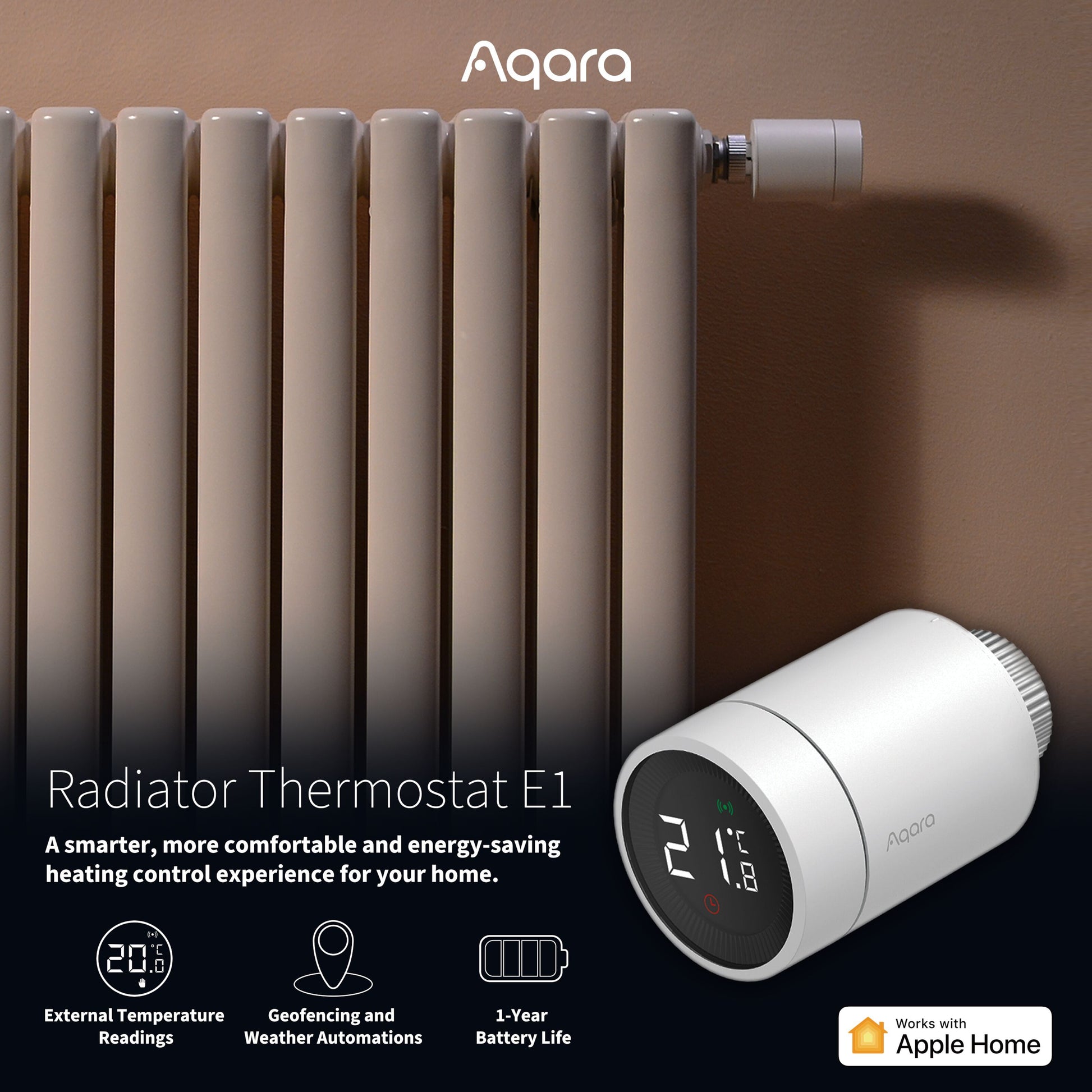 Aqara E1 Smart Termostat til radiator, hvid, monteret på beige radiator, Apple Home support, ekstern temperatursensor.