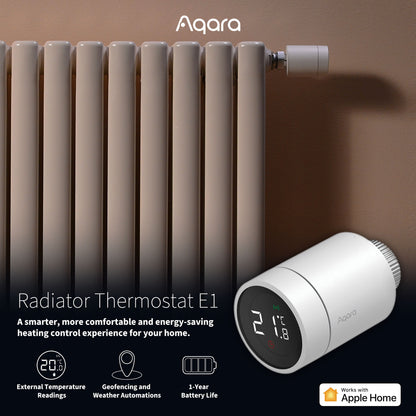 Aqara E1 Smart Termostat til radiator, hvid, monteret på beige radiator, Apple Home support, ekstern temperatursensor.