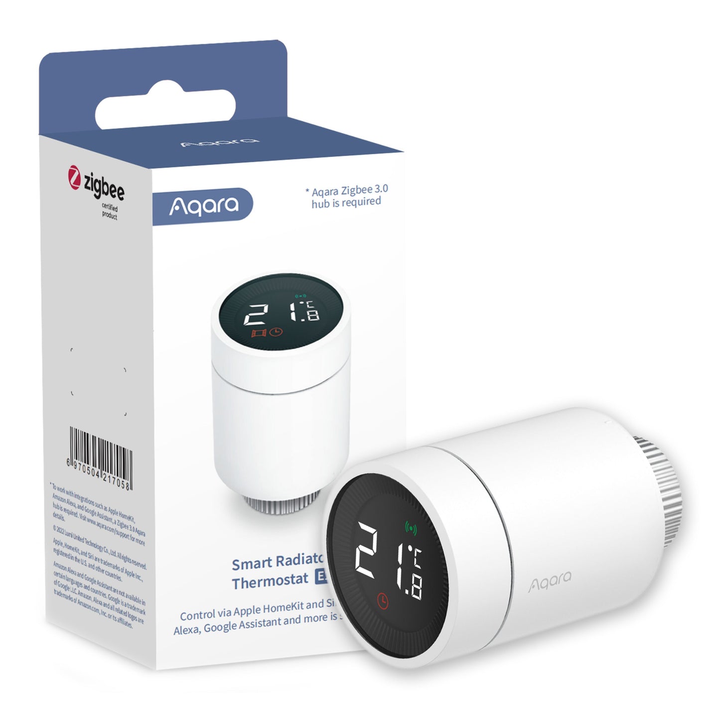 Aqara E1 Smart Termostat til radiator, hvid, vises med emballage og display med temperatur og tilslutningsikoner.