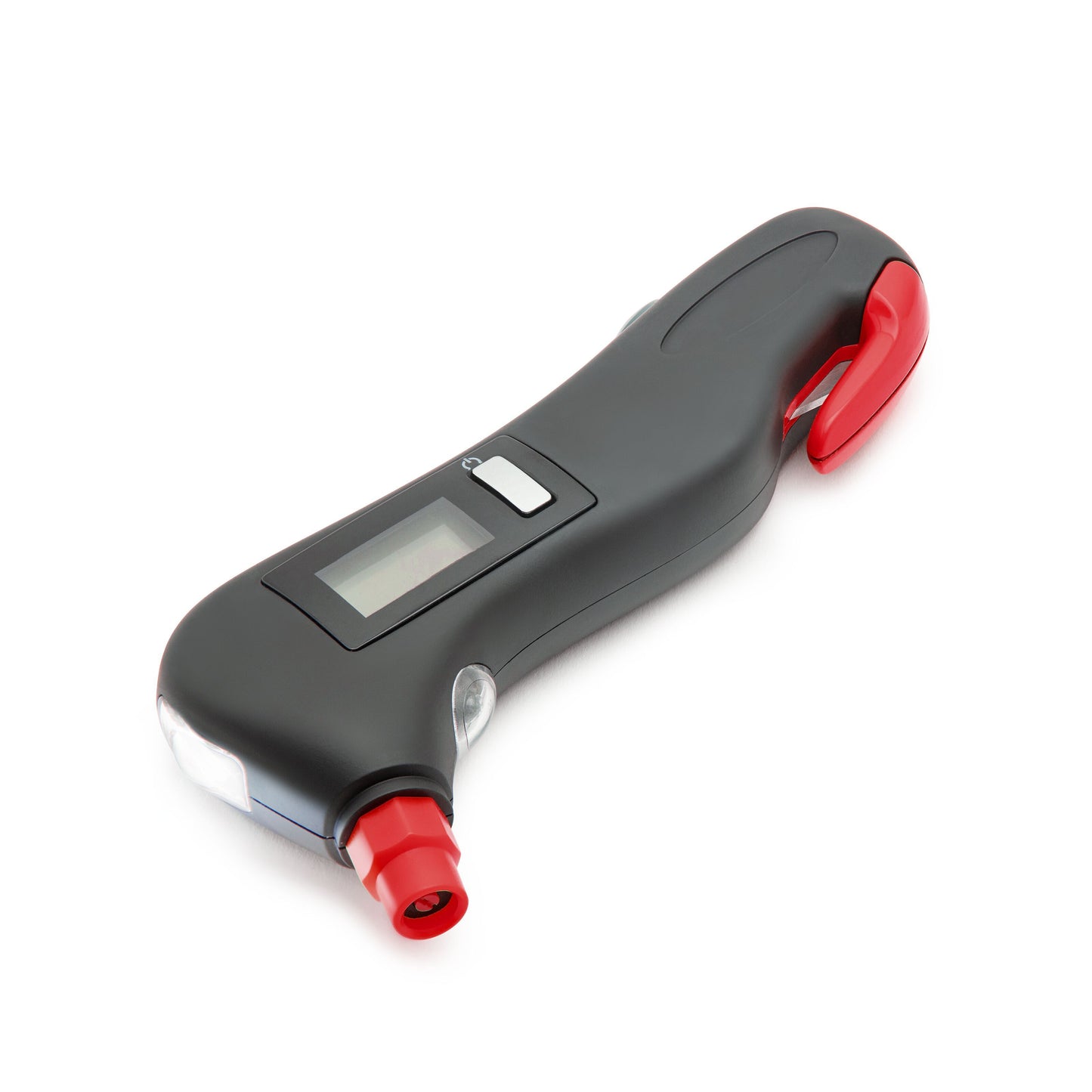 Luxorparts 4-i-1 Sikkerhedsværktøj sort/rød, digitalt LCD-display, ergonomisk greb, integreret nødhammer og dæktryksmåler.