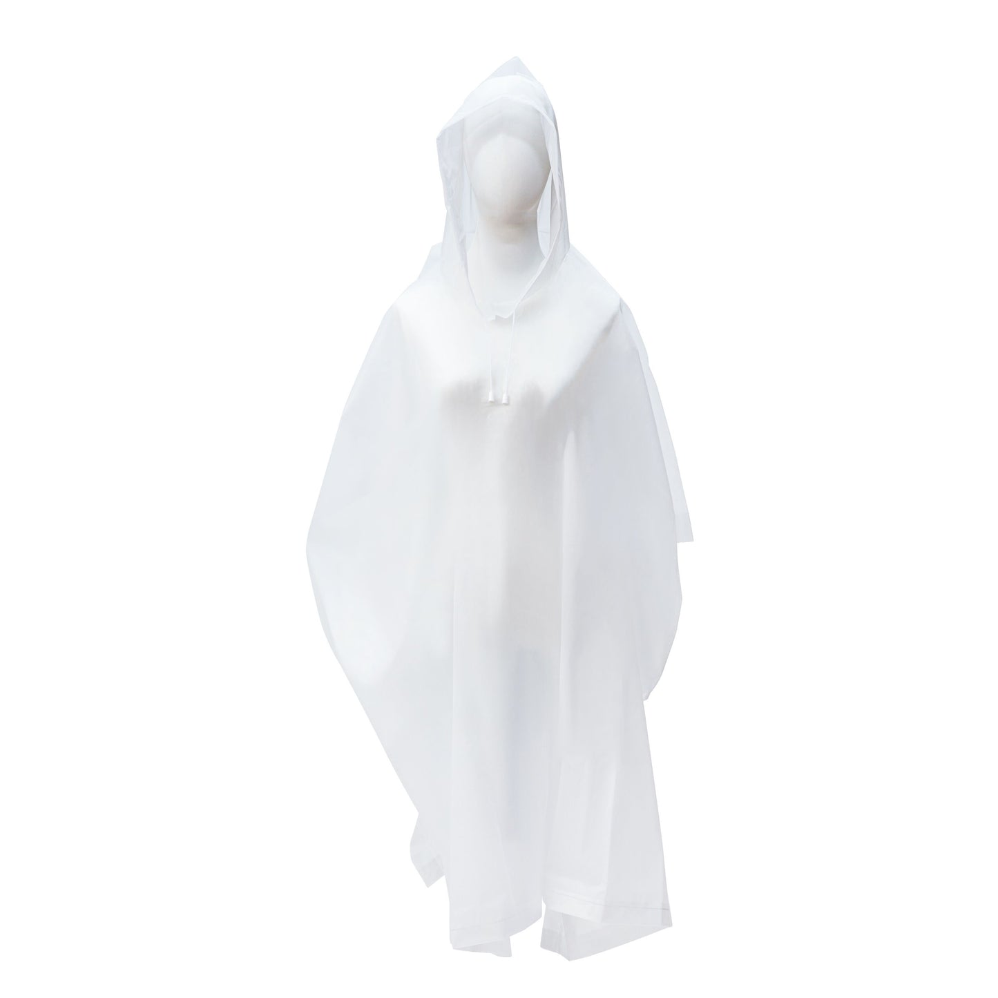 Gennemsigtig regnponcho 130x100 cm med brede ærmer og hætte vises på mannequin.