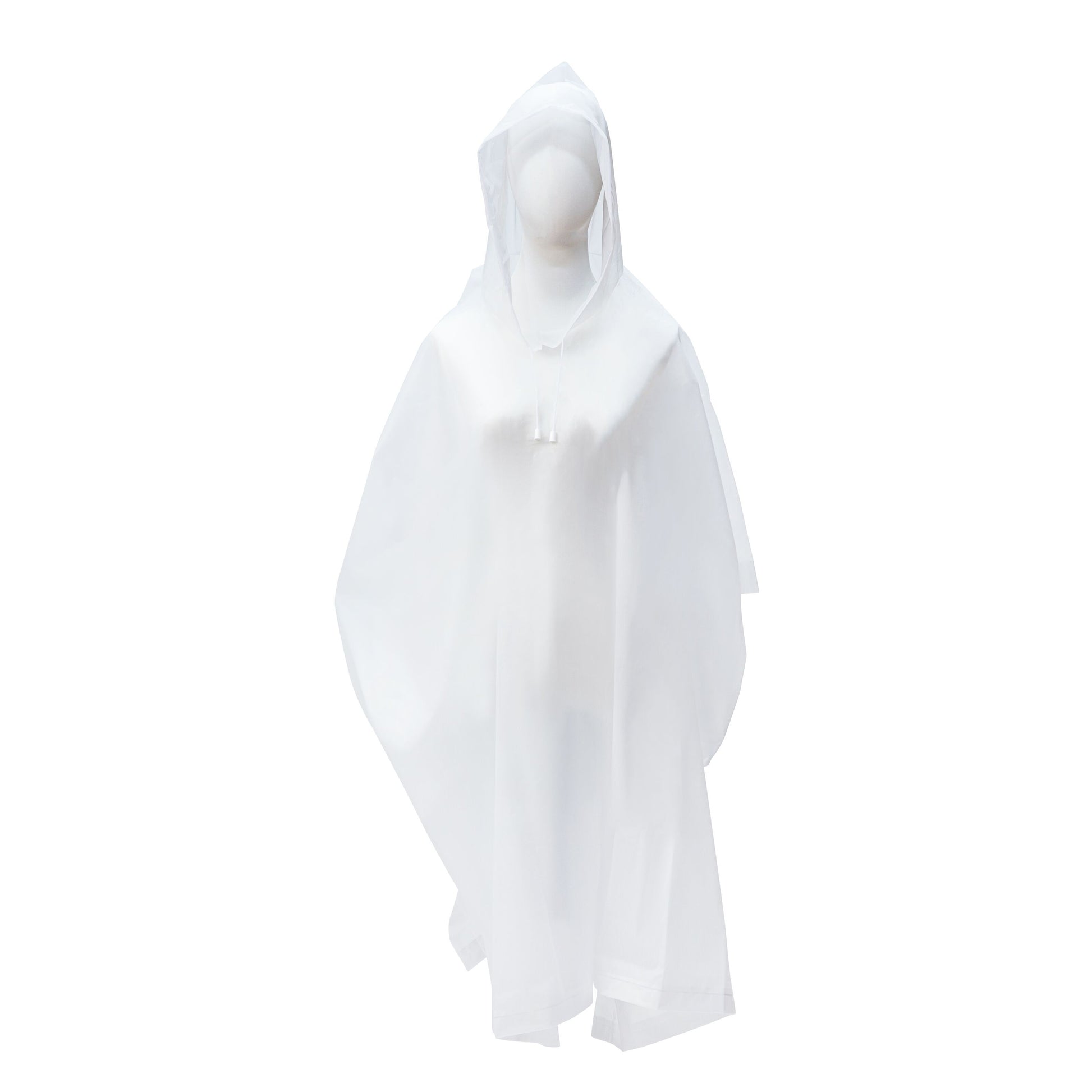 Gennemsigtig regnponcho 130x100 cm med brede ærmer og hætte vises på mannequin.