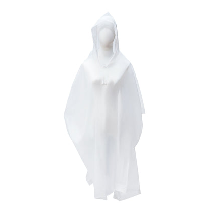 Gennemsigtig regnponcho 130x100 cm med brede ærmer og hætte vises på mannequin.