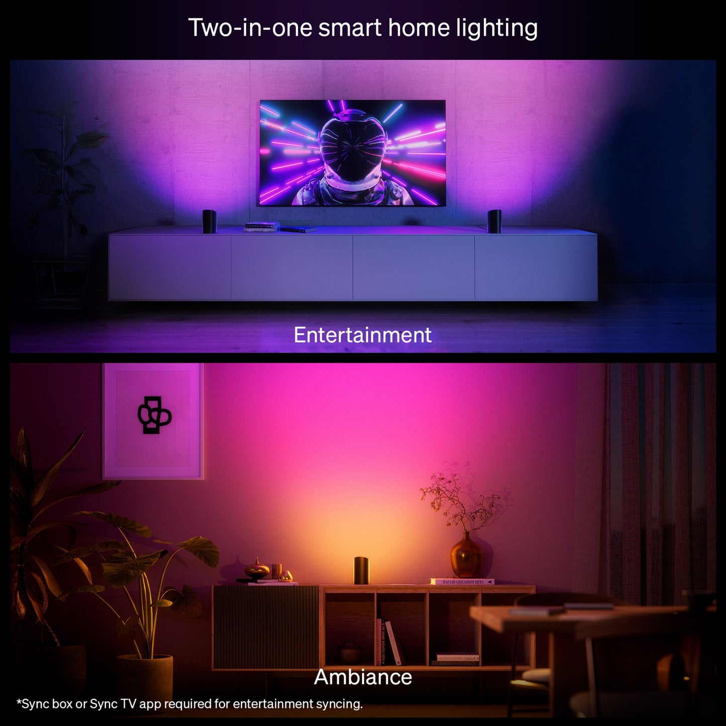 Philips Hue Spil Wall Washer Vægbelysning Sort, gaming-setup i lilla-blå og stue i lyserød-orange ambiance, set delt.